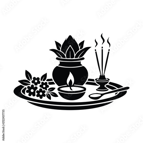 Traditional indian puja plate with kalash and incense sticks silhouette vector art icon.