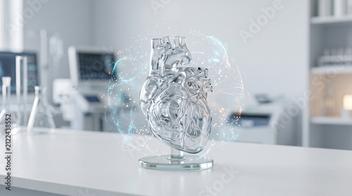 Three dimensional transparent glass human heart model resting on medical desk with glowing digital data visualization particles.