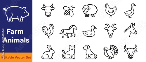 Farm Animals Vector Icon Set - Livestock, Poultry & Domestic Animals Line Art