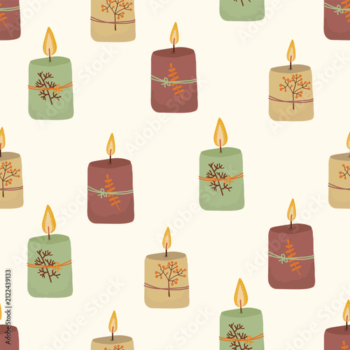 Hand-Drawn Cozy Autumn Seamless Pattern with Burning Decorative Candles Tied with Dried Plants and Twigs Background
