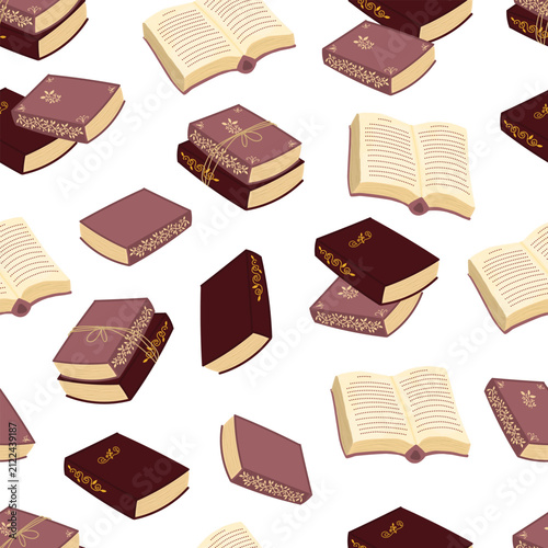 Hand-Drawn Cozy Seamless Pattern with Vintage Books, Open Novels and Ornamental Covers on White Background
