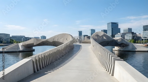 Modern pedestrian bridge with unique architectural design crossing over water with a city skyline in the background