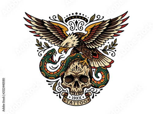 Eagle Snake Skull Tattoo Art Isolated