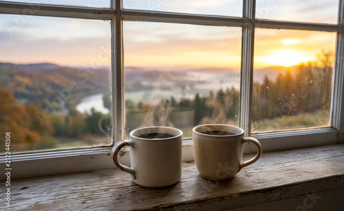 Cozy morning coffee mugs on window sill, scenic autumn landscape at sunrise, steaming hot drinks with mountain valley view, rustic fall atmosphere