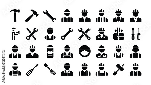 Flat design icons with displays clean vector collection stylized icons depicting construction workers wearing helmets various hand tools wrenches