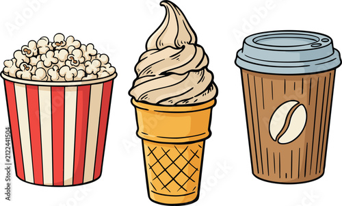 Cinema popcorn bucket soft serve ice cream and takeaway coffee.