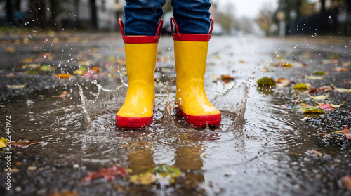 Child wearing yellow and red rain boots stepping into puddle creating splashes