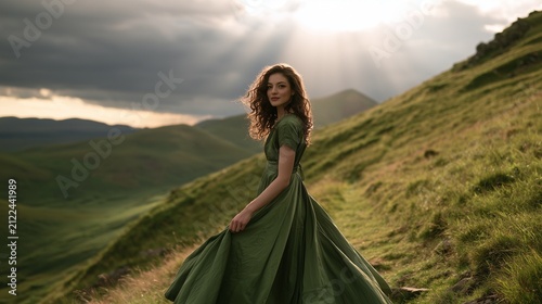 Curly Haired Woman in Green Dress Enjoying Nature on Hillside