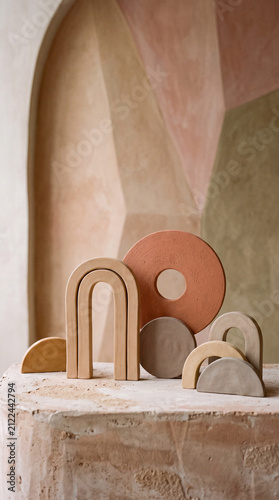 Abstract clay structures in soft pastel shades arranged artistically on a textured surface