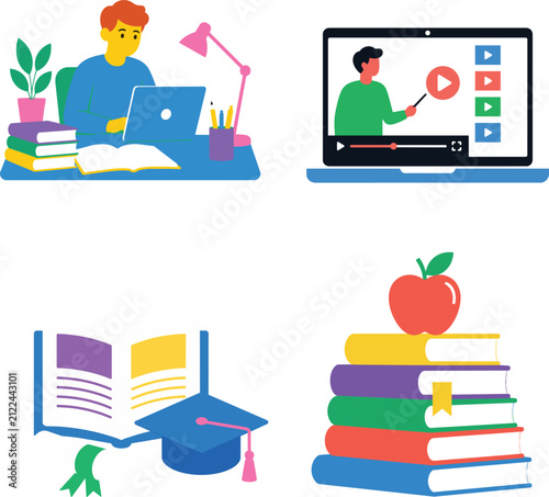 Online Learning Student Studying with Laptop and Books E-Learning Education Flat Design Illustration Vector Icon Minimal Style Digital Course