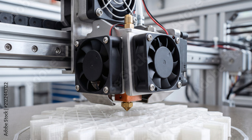 Obraz na płótnie Industrial 3d printer head creating white plastic prototype part
