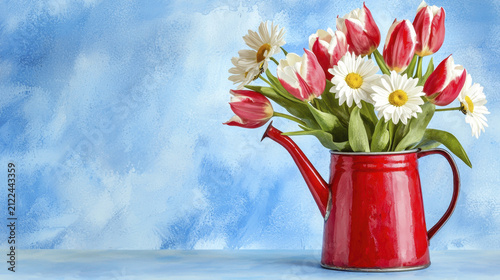 Vibrant arrangement of red tulips and white daisies rustic watering can against soft blue background evokes cheerful