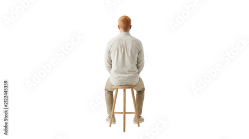 A man with red hair sitting on a wooden stool isolated on transparent background