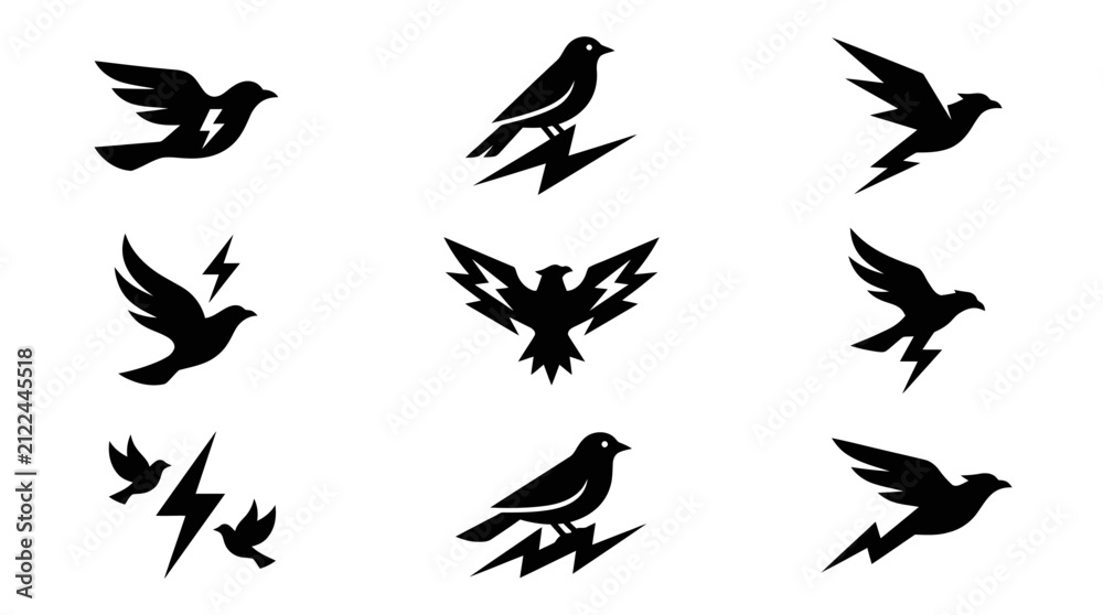 Fototapeta premium Bird silhouettes with lightning bolts and energy symbols.
