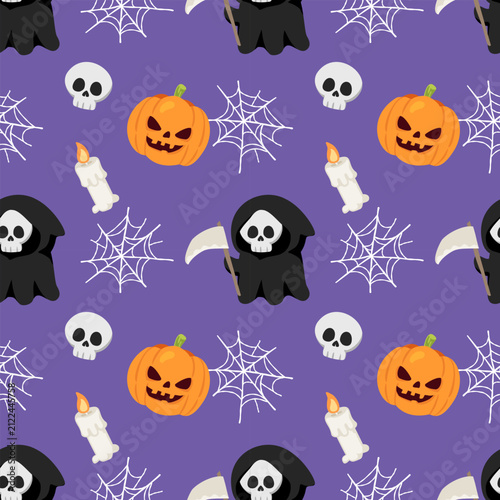 Spooky grim reaper and halloween pumpkin seamless pattern, dark purple witchy repetitive background