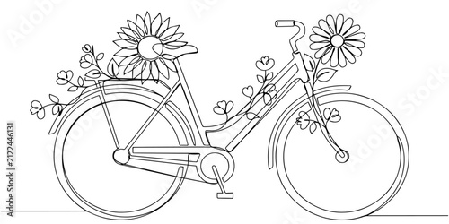 Fotografie bicycle decorated with flowers  continuous one line drawing, Floral Bicycle Art