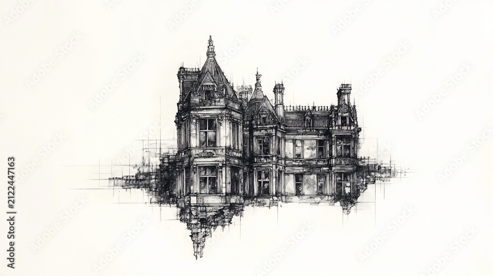 Fototapeta premium Detailed architectural sketch of a grand house, reflected