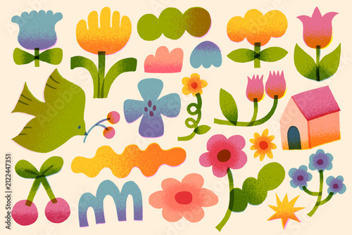 ざらざらとした質感の北欧風の花と植物のイラスト素材セット- Little Garden Collection