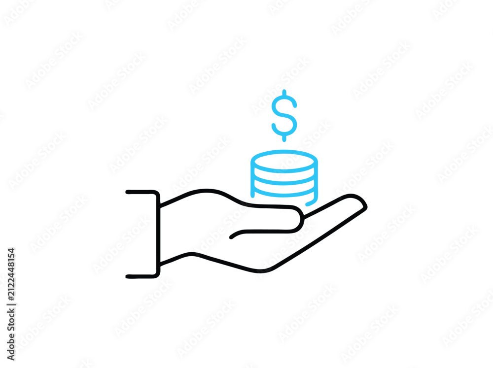 Fototapeta premium Minimalist hand holding money coins vector icon, financial growth and investment concept, blue and black line art for banking and savings