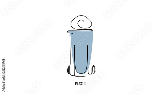 Continuous line drawing of a plastic recycling bin. Minimalist visual concept for recycling infographics or waste sorting instructions. Hand drawn vector illustration.