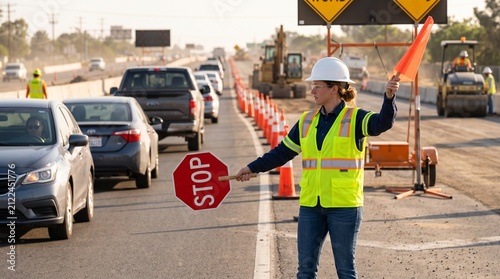 Road construction zone with worker in hard hat holding stop sign and orange flag, vehicles lined up, barrels and excavator in background, symbolizing traffic control and safety measures.