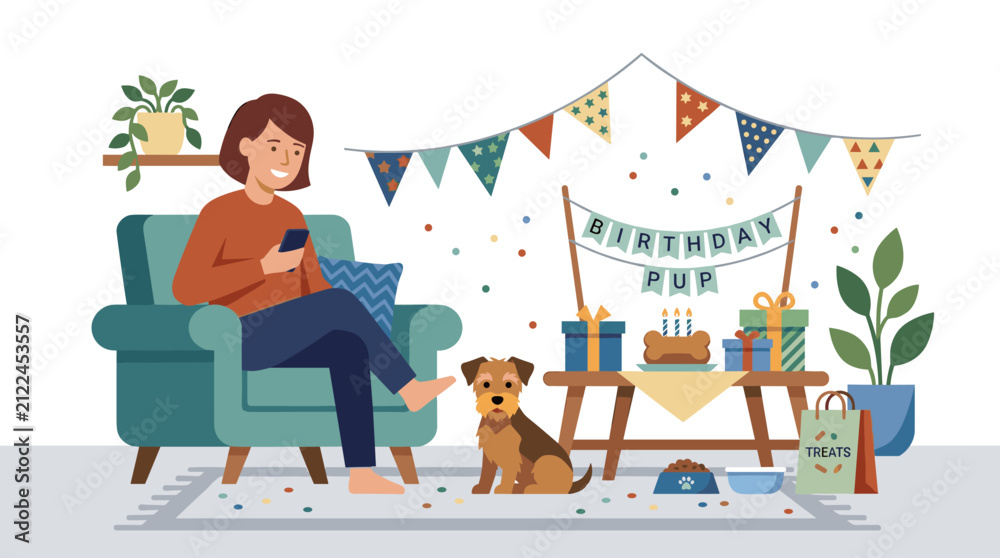 Naklejka premium Woman celebrating dog birthday at home with cake and gifts