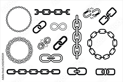 Minimal Chain Link Icon Set, Black Outline Chain Symbols Collection, Vector SVG EPS PNG AI Isolated on White Background
