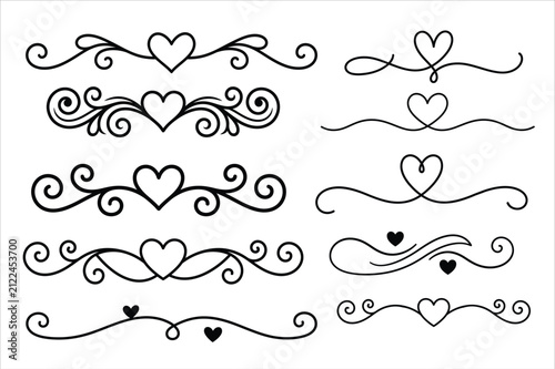Elegant Heart Flourish Divider Vector Set with Decorative Swirl Line Borders Isolated on White Background
