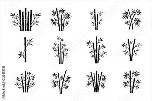 Bamboo Silhouette Icon Set, Botanical Bamboo Stalks and Leaves Vector Bundle for Nature, Zen and Asian Design Isolated on White