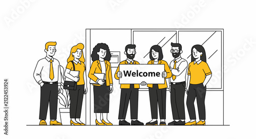 New team members greet coworkers with welcome sign at office for hiring and onboarding job start today