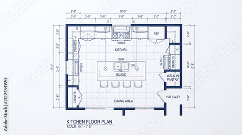 Modern kitchen floor plan layout with island and pantry details