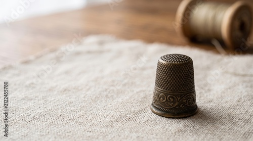 Antique brass thimble resting on textured fabric background in a sewing setting