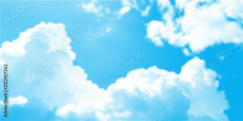 Obraz na plátne Abstract blue sky background with white clouds rendered in a halftone dots pattern