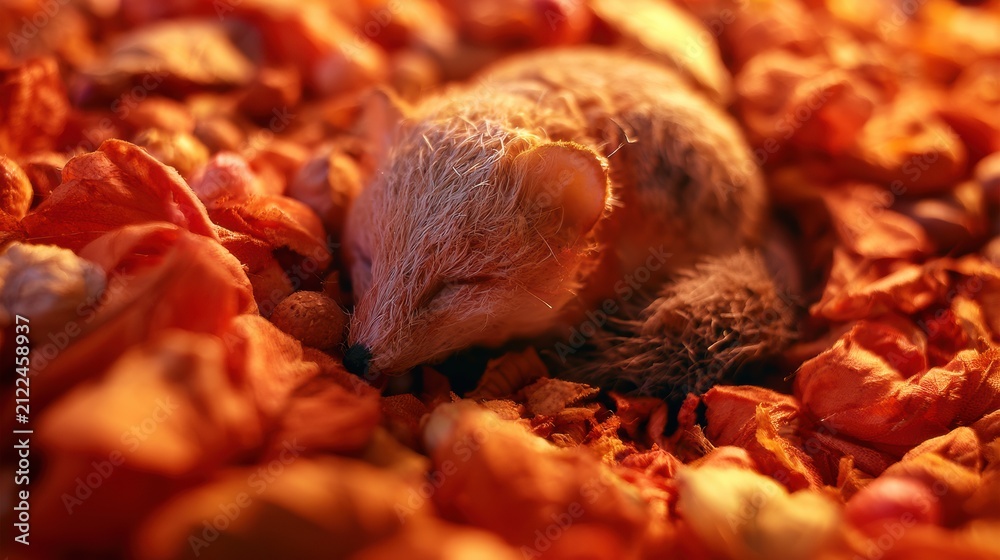 Fototapeta premium A small fox sleeps in a pile of leaves with warm colors. The setting shows a cozy scene of nature in a shallow focus display.