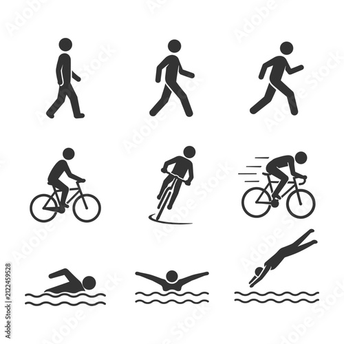Triathlon Sports Icons Set with Running Cycling and Swimming Silhouette Pictograms
