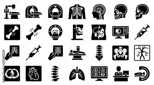 Radiology and medical imaging vector icon set, MRI scanner, CT scan, X-ray, bone fracture, radiologist, healthcare black glyph icons collection