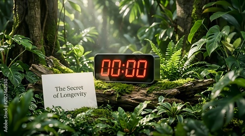 Tapety artystyczne Red Digital Timer Showing 00 00 in Tropical Rainforest for Longevity Life Expectancy Concept
