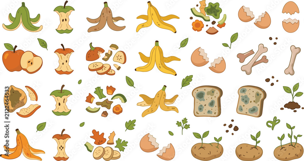 Obraz premium Hand drawn fruit and food waste recycling elements collection with banana peels apple cores seeds bread and organic compost icons
