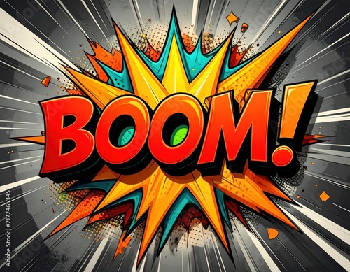 Comic book style BOOM text with colorful explosion graphic.