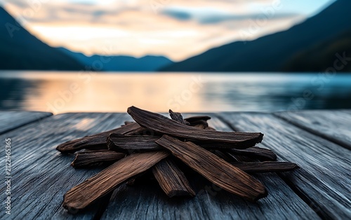 Wood chips on a dock at sunset