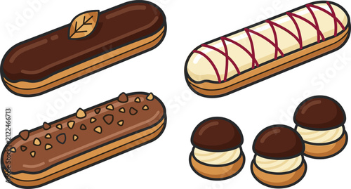 Bild auf Leinwand French pastry vector set featuring assorted chocolate eclairs and cream puffs wi