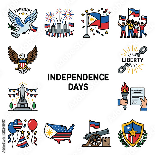 independence days vector icons showcasing national freedom and liberty celebrations in philippines and usa perfect for patriotic graphic resources