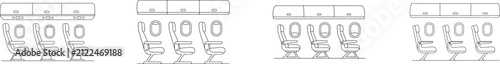 Airplane seat icon set with thin line aircraft seating symbols, editable stroke vector on white background.