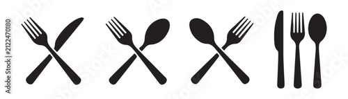 Set of crossed fork and knife, crossed fork and spoon and cutlery set on transparent background.
