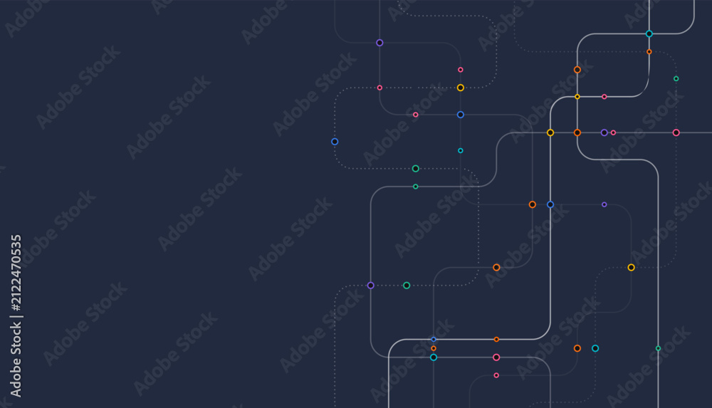 Obraz premium Modern tech route map with smooth curved lines and colorful connection points on a dark background, suitable for data flow themes, mapping concepts, network design, and contemporary graphic layouts.