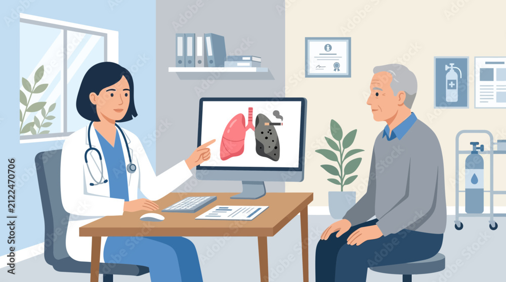 Fototapeta premium Doctor showing patient damaged lungs on computer screen in clinic