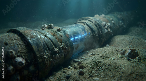 Undersea fiber optic cable on ocean floor with glowing data signal, macro close-up of global internet infrastructure network, deep sea telecommunications technology concept, photorealistic