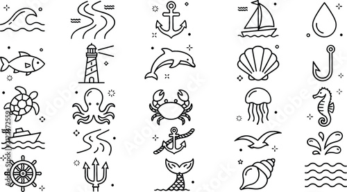 Foto Minimalist nautical ocean line icon set featuring marine life sea animals ships
