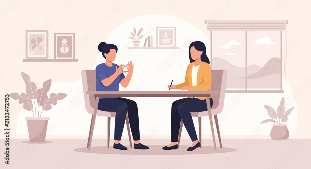 Fototapeta premium Two women talking at a table with plant decorations and window view
