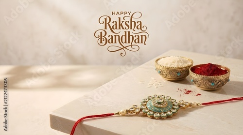 Happy Raksha Bandhan greeting card design with designer Rakhi, roli, and rice on marble surface